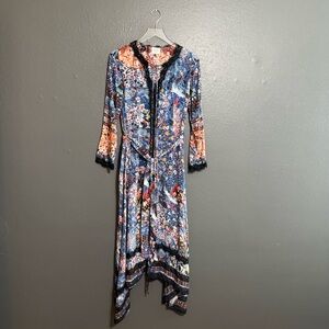 Hemant & Nandita 100% Silk Blue Floral Lace Trim Long Sleeve Maxi Dress Size M